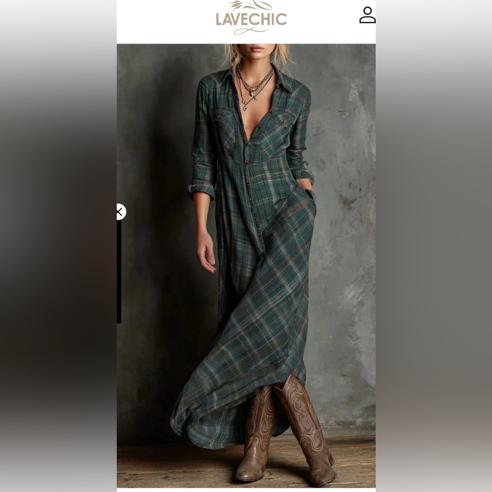 GREEN PLAID LAPEL SINGLE-BREASTED SHIRT LONG DRESS